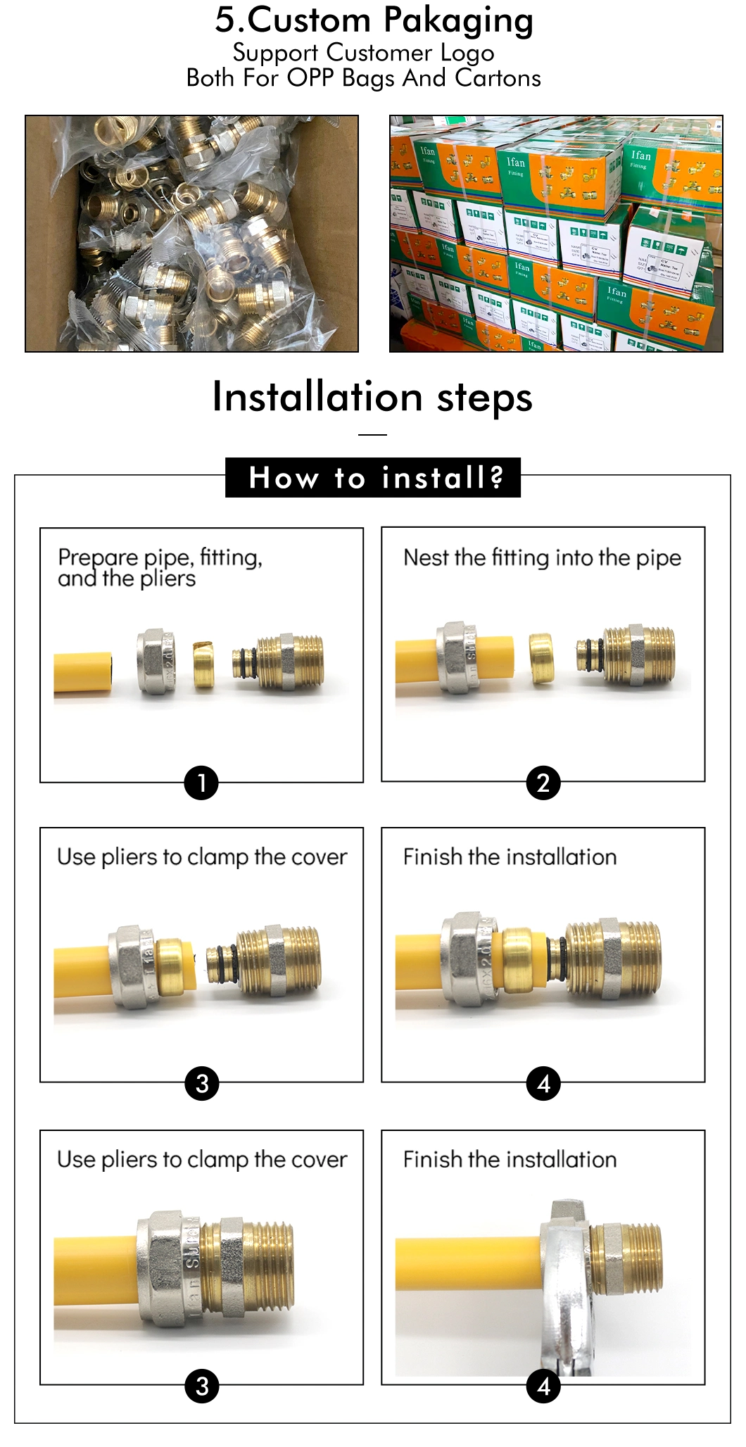 Ifan Factory Yellow Color Brass Compression Fittings 1/2" -1" Pex Pipe Fittings